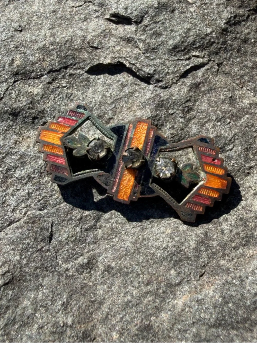 Vintage Art Deco Orange Enamel Rhinestone Fan Brooch - Picture 2 of 9